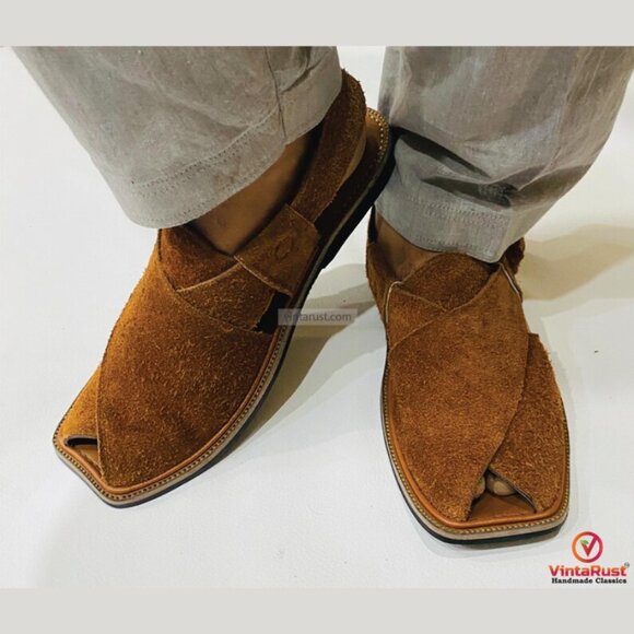 Brown Suede Peshawari Sandals, Rustic Brown Suede Peshawari Chappal, - Picture 7 of 7